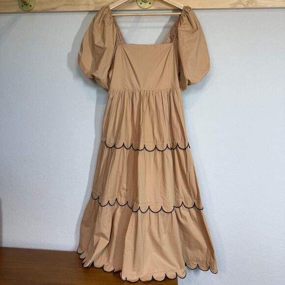 Women's English Factory Tan and Black Ruffle Tiered Smock Top Midi Dress Size S - Picture 3 of 9